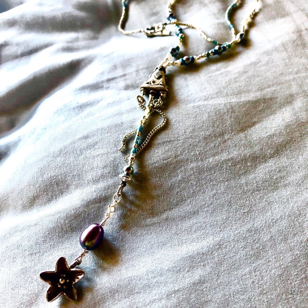 Long Sterling Silver, Pearl and Turquoise Necklace